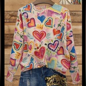 Ivory cream valentine heart print soft knit graphic bubble sleeve sweater